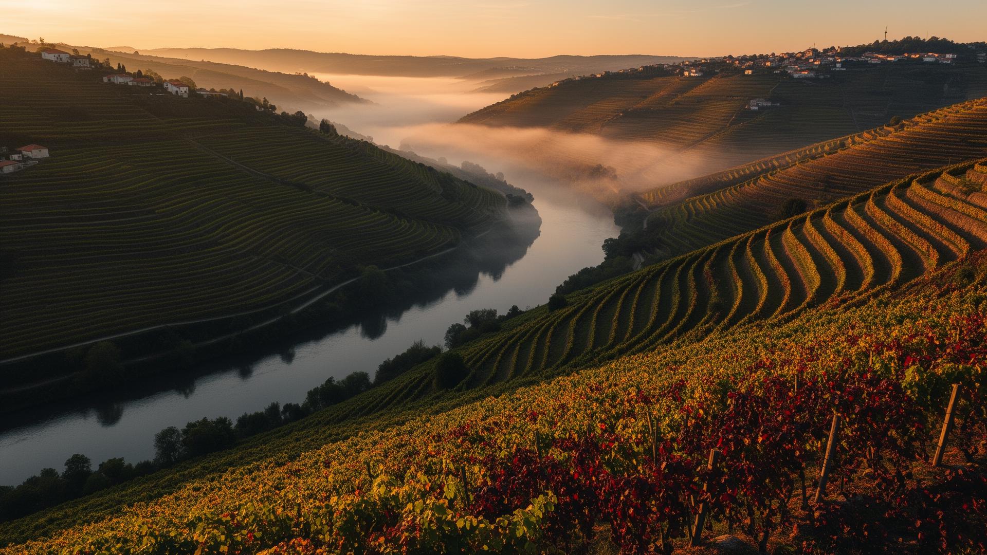 Viñedos en bancales sobre el río Miño al atardecer